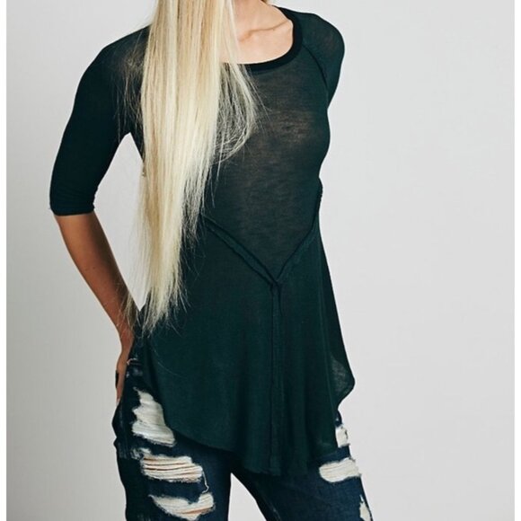 Free People Semi Sheer Asymmetric 3/4 Sleeve Slub Knit Layering Top - Picture 12 of 14